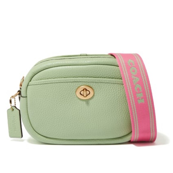 COACH Pistachio Green Leather Oval Camera Bag, Crossbody Guitar Strap (Pink) - Picture 17 of 17